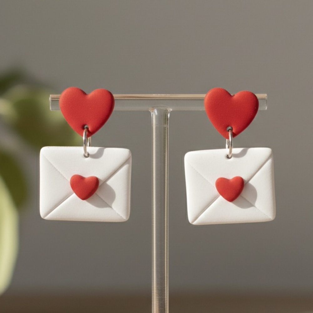 Heart Envelope Love Letter Studs - Handmade Clay Earrings - Red